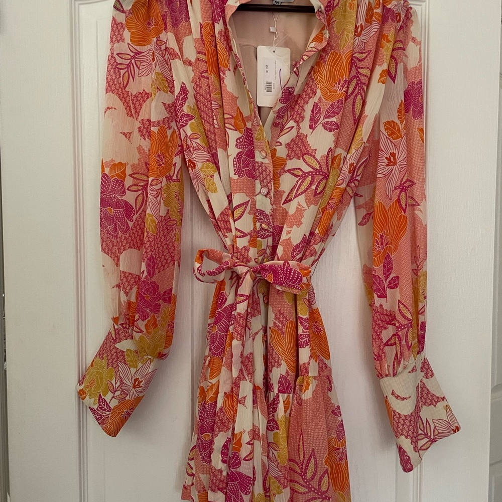 NEW Floral chiffon ruffle Pink and Orange Dress - M